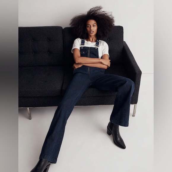 Madewell High Rise Loose Flare Overalls in Dark Blue - Picture 2 of 6